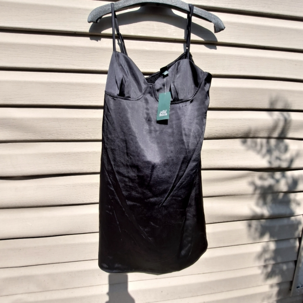 Wild fable Black string sleeves silk slip mini dress